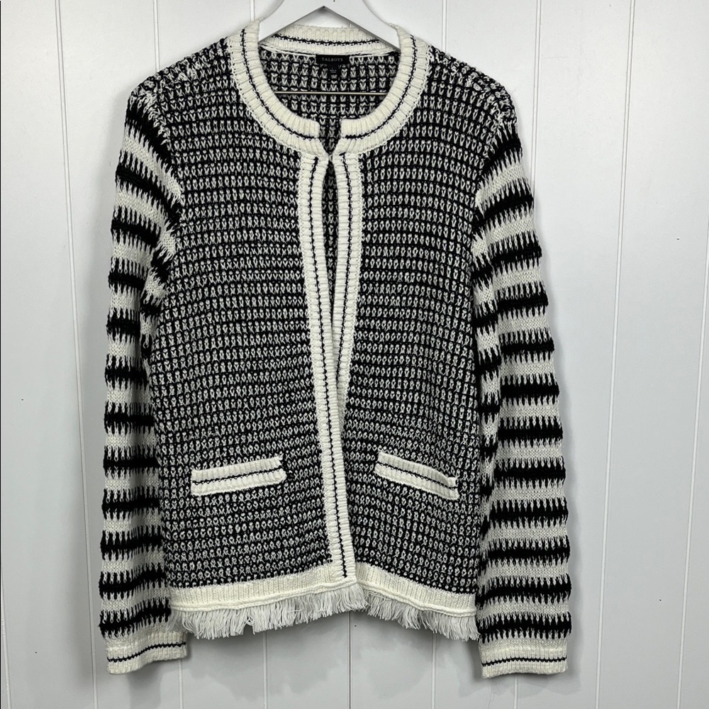 Talbots Womens Mixed Knit Open Front Cardi L Black White Texture Fringe Hemline